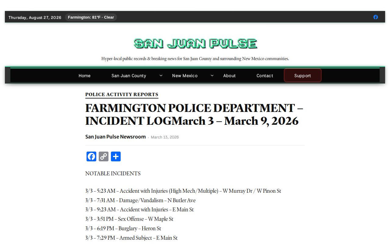 Farmington police incident-log record context