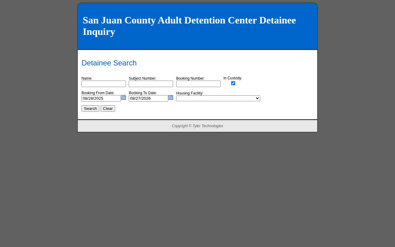 San Juan County Adult Detention Center official detainee booking record search form
